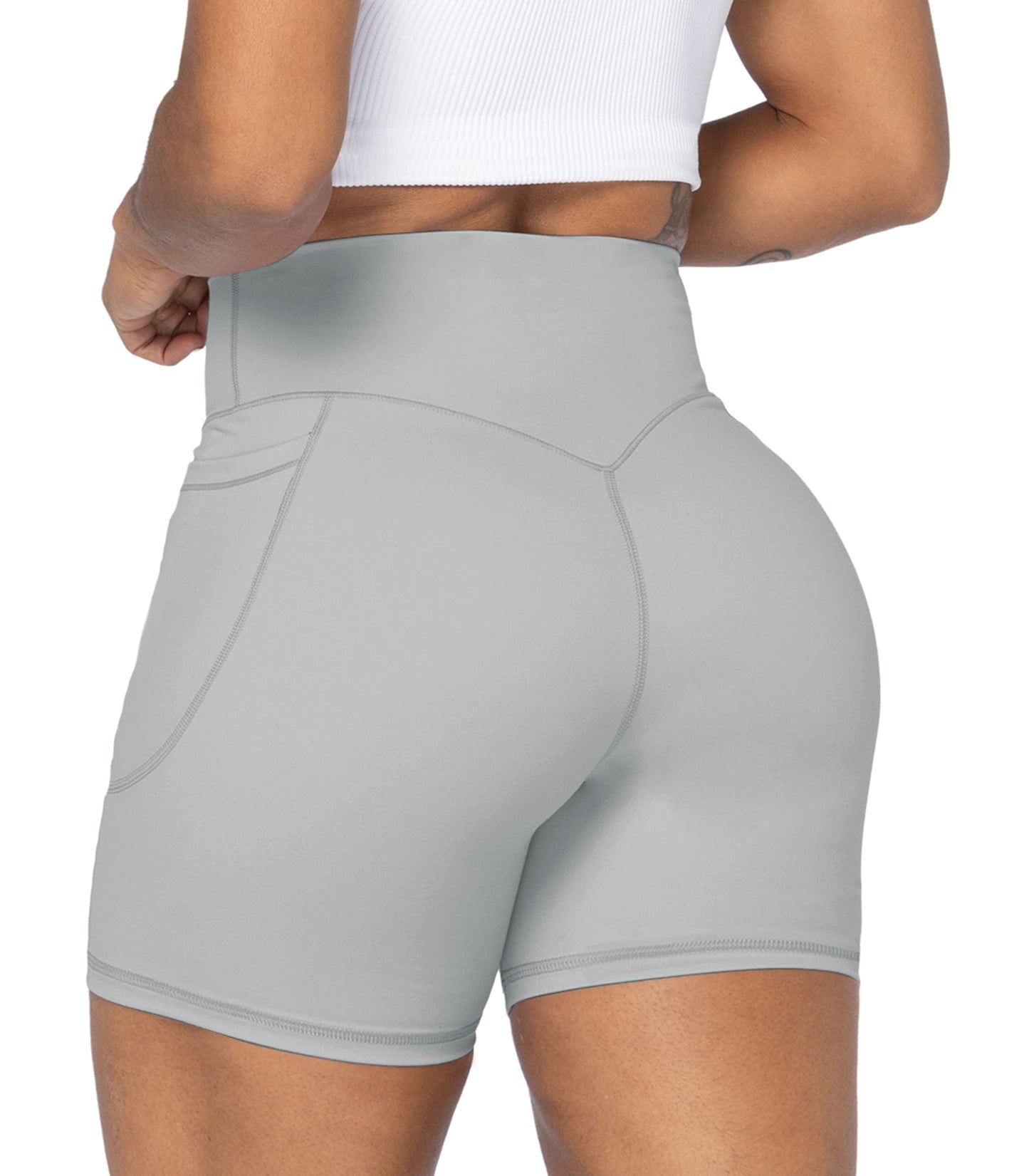 Sunzel No Front Seam Biker Shorts for Women with Pockets, Yoga Workout Gym Bike Shorts with Tummy Control 5" Grey X-Small