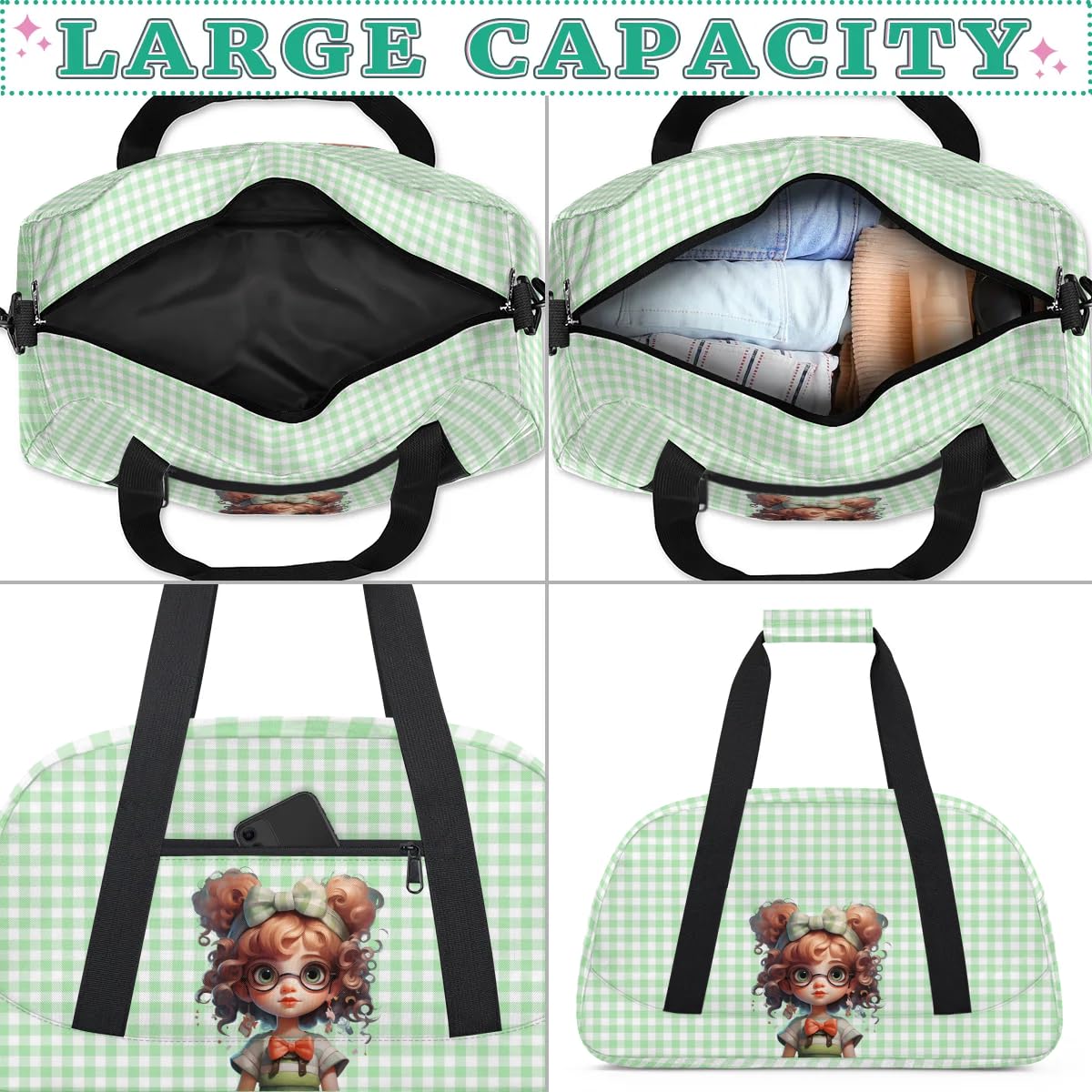 Gym Bag for Kids Girls, Cute Curly Hair Girls Small Duffel Bag with Padded Handles Carry On Weekend Travel Bag for School Practice Ball Games