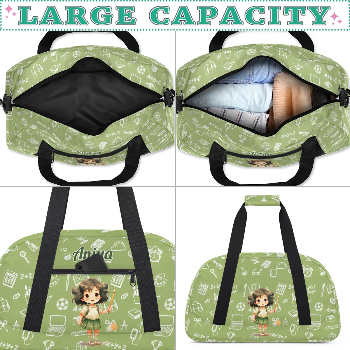 Personalized Gym Bag for Kids Girls, Cartoon Girl Pencil Custom Small Duffel Bag with Padded Handles Carry On Weekend Travel Bag for School Practice Ball Games