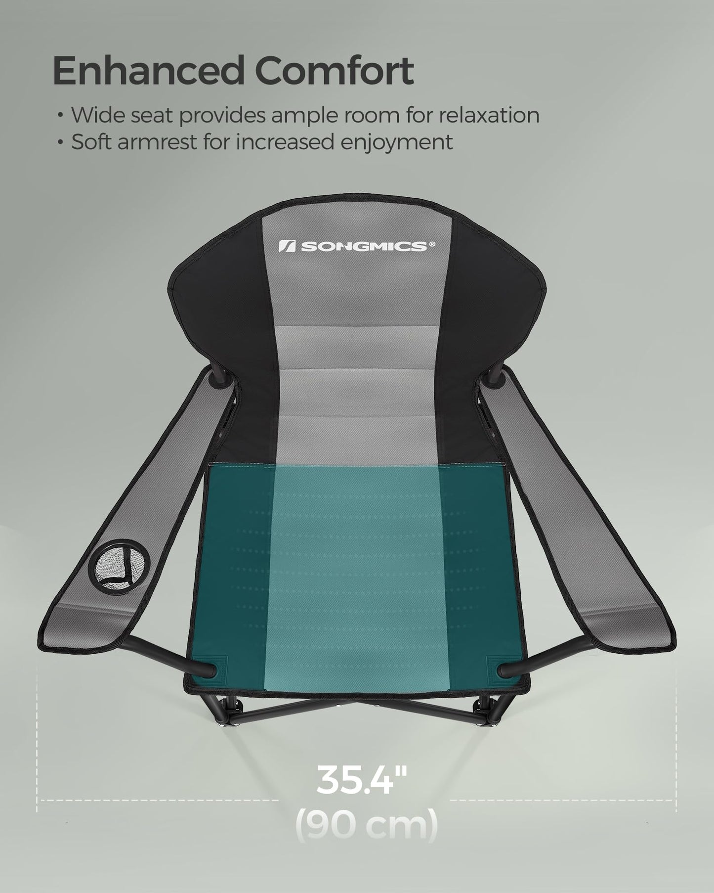 SONGMICS Folding Camping Chair Set of 2, Supports 551 lb per Chair, with Comfortable Sponge Seat, Heavy Duty Structure, Cup Holder, Outdoor Picnic Chair, Grey and Black UGCB206G01