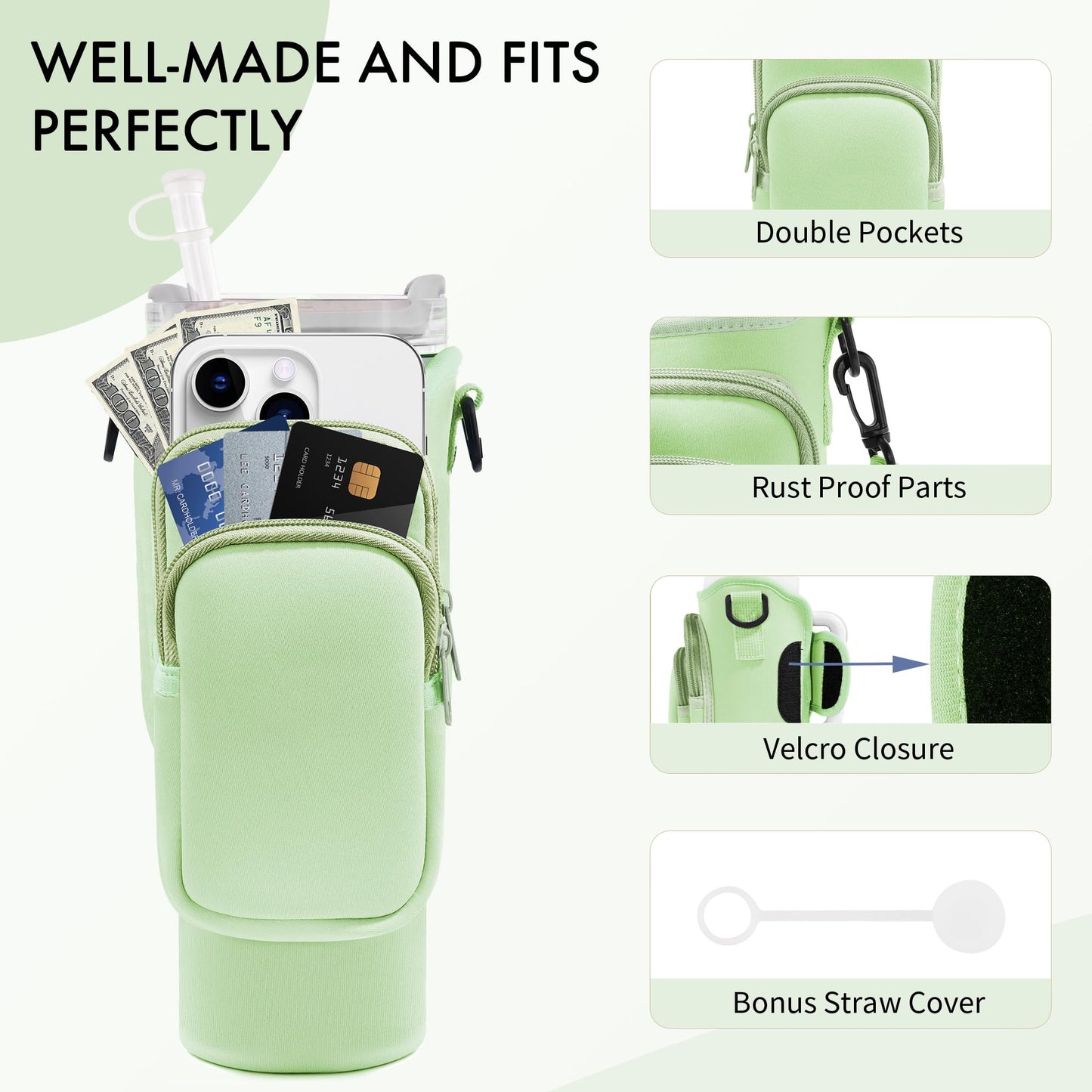 JEBEALUO Water Bottle Carrier Bag with Phone Pocket for Stanley Cup 40/30 oz, Water Bottle Holder with Adjustable Strap& Straw Cover, Stanley Cup Accessories (Mint Green)