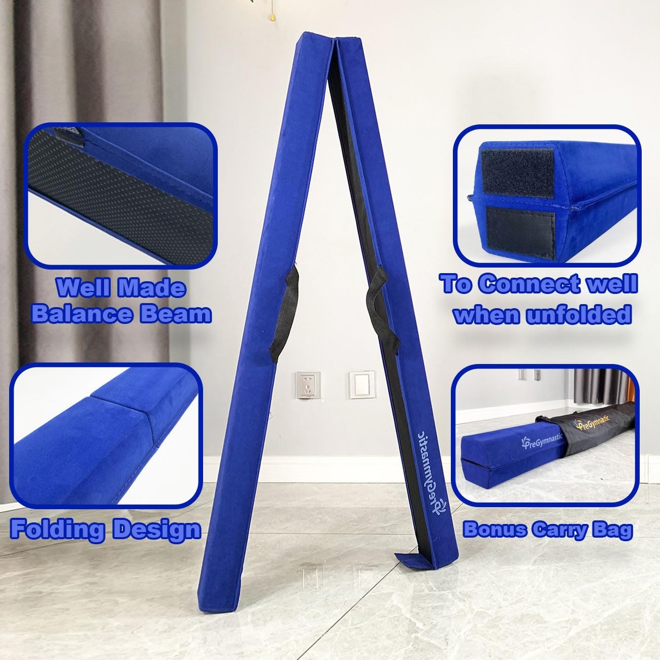 PreGymnastic 6FT/8FT/9.5FT Folding Balance Beam for Kids 3-12,Foldable Gymnastics Floor Beam-Extra Firm Suede Cover with Carry Bag for Home-Gym Equipment for Toddler Teenage (Blue, 6FT)