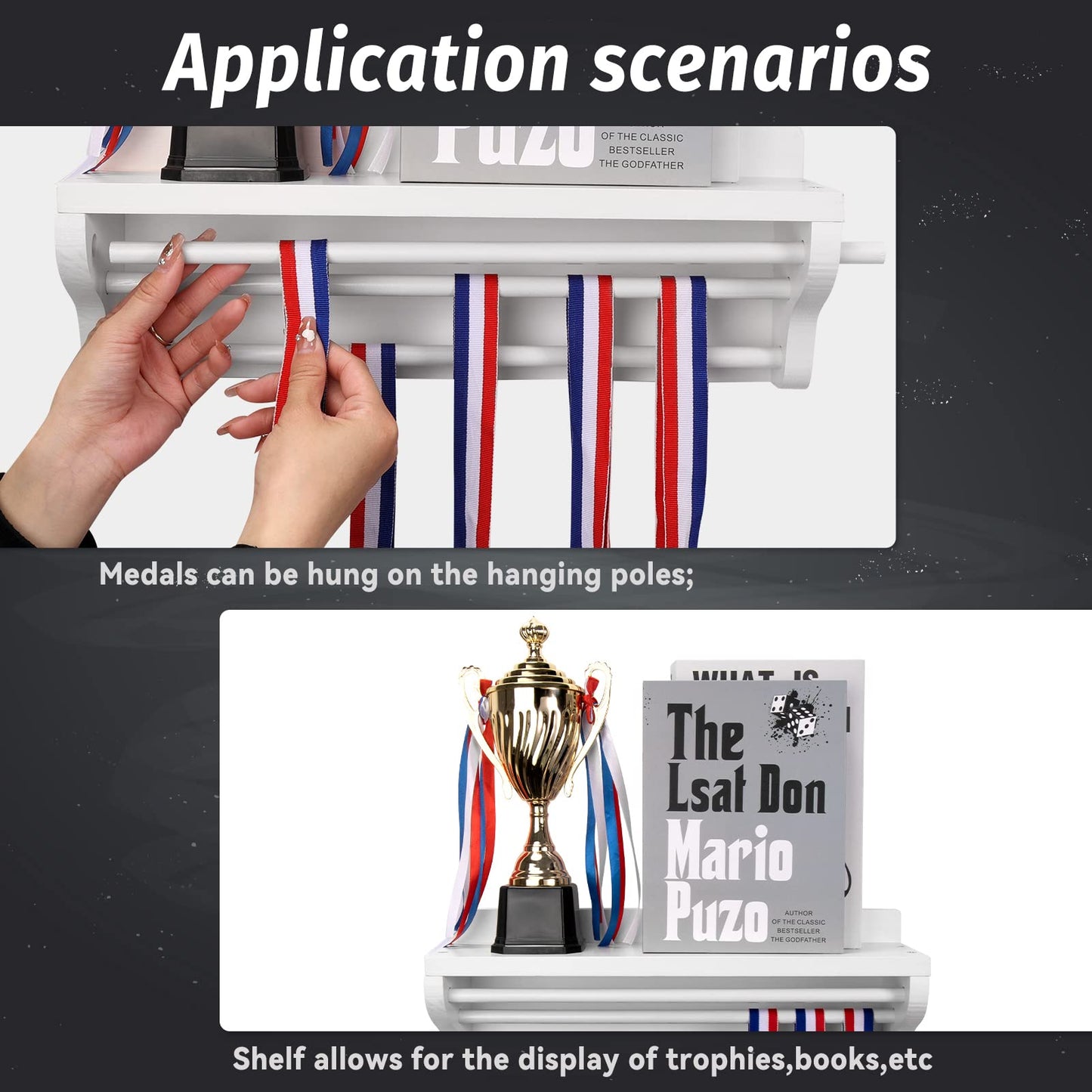 Pllieay Wooden Medal Hanger Display, Trophy Shelf, White Medal Hanger Display with Shelf, Medal Holder, Medal Rack, Race Medal Trophy Display Shelf for Showing Your Hard-Earned Achievements