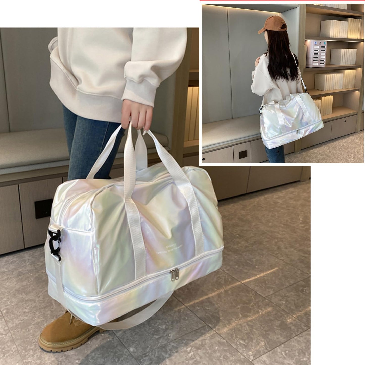 Gym yoga Bag Dry Wet Separated,Sports Travel Duffel Bag,Weekender Overnight Carry On Bag with Shoes Compartment Wet Pocket Women Travel Foldable Bag (fluorescent white)