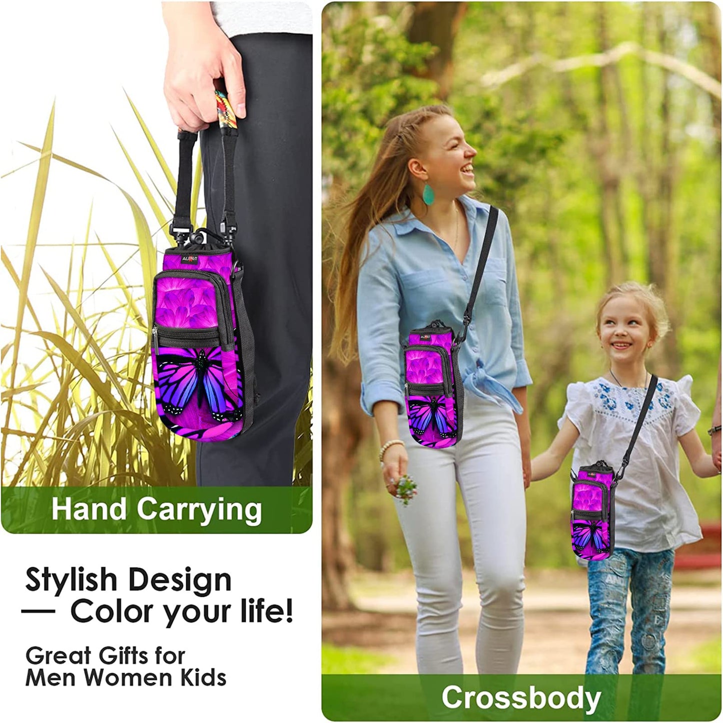 AUPET Water Bottle Sling Bag Sleeve Holder Carrier 25/32/40/64 oz,Insulated Crossbody Water Bottle Case Cover with Strap and Pockets for Men/Women Walking Hiking Camping (25oz, butterflys)