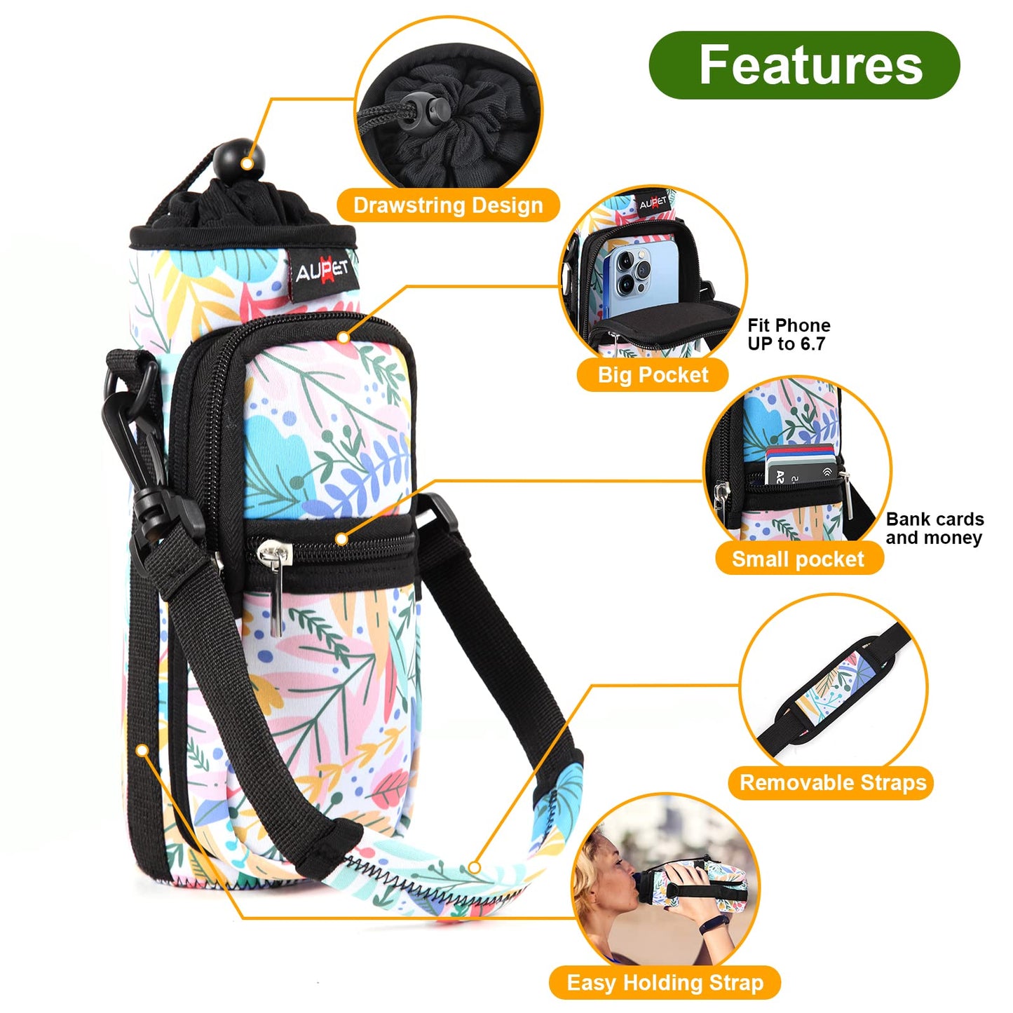 AUPET Water Bottle Sling Bag Sleeve Holder Carrier 25/32/40/64 oz,Insulated Crossbody Water Bottle Case Cover with Strap and Pockets for Men/Women Walking Hiking Camping (25oz, yellow leaves)
