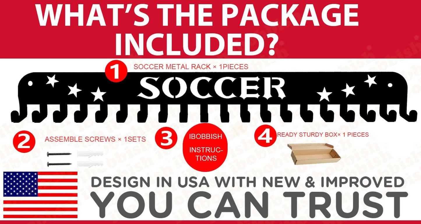 Soccer Sports Medal Holder Hanger Display Rack with 20 Hooks,Soccer Medal Holder For Wall with 16inchL,sports medal hanger display Upgraded Soccer Medal Holder with Simple Design For Girls & Boys