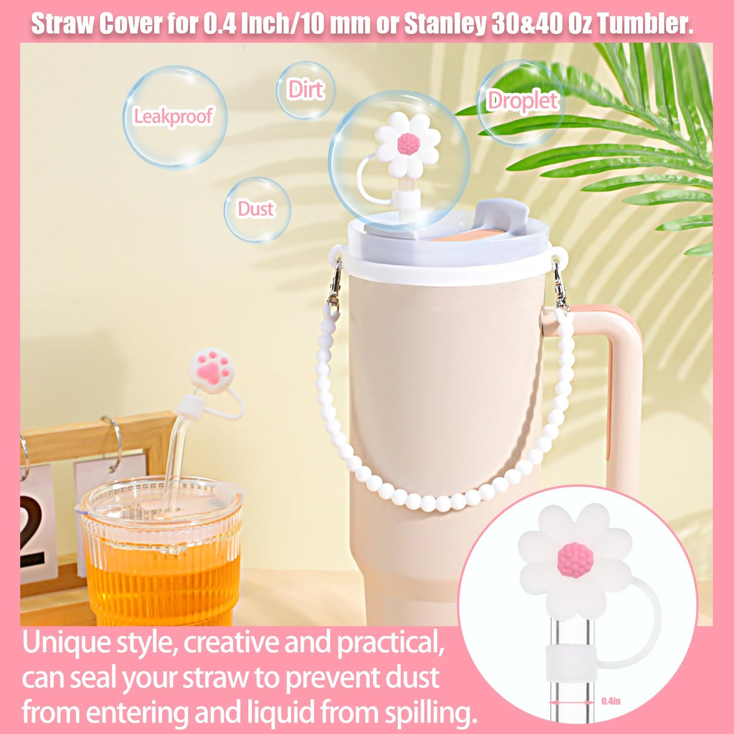Needbrock Water Bottle Handle for Stanley Cup, Water Bottle Handle Strap Fits Most 8-40oz Water Bottles, Compatible with Stanley Cup Strap Carrier and 3 Pcs Straw Cover(White)