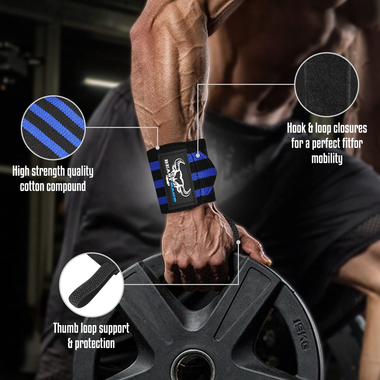 BEAST RAGE® Wrist Wraps for Weightlifting Adjustable Lifting Straps & Wrist Straps with Thumb Loop for Enhanced Gym Support, Wrist Support for Powerlifting, Bodybuilding and Gym workout (Black blue)