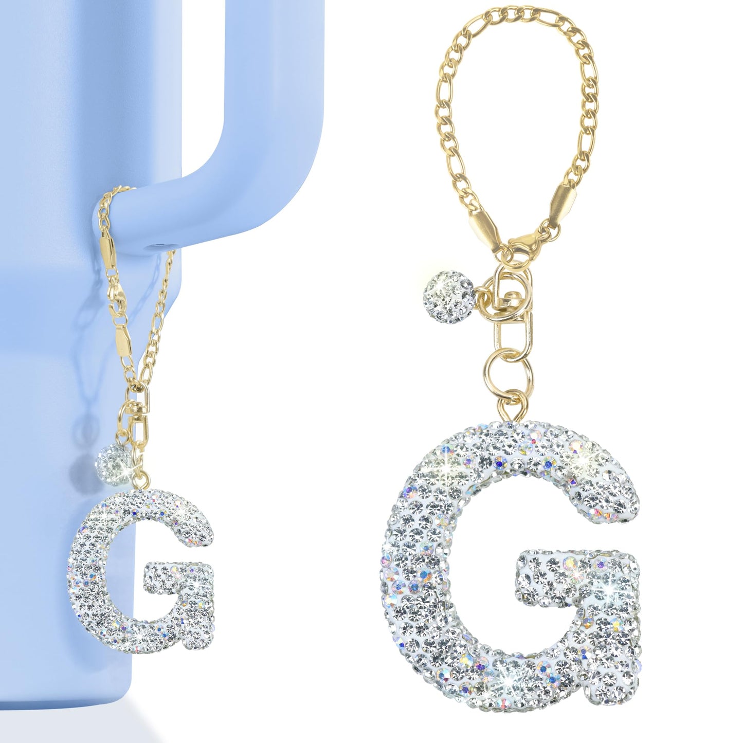 Mokoart Glitter Letter Tumbler Accessories for Stanley Cup, Water Bottle Chain for Stanley/Simple Modern Tumbler with Handle, Cute Initial Name ID with Bling Letter for Stanley Cup Accessories (G)