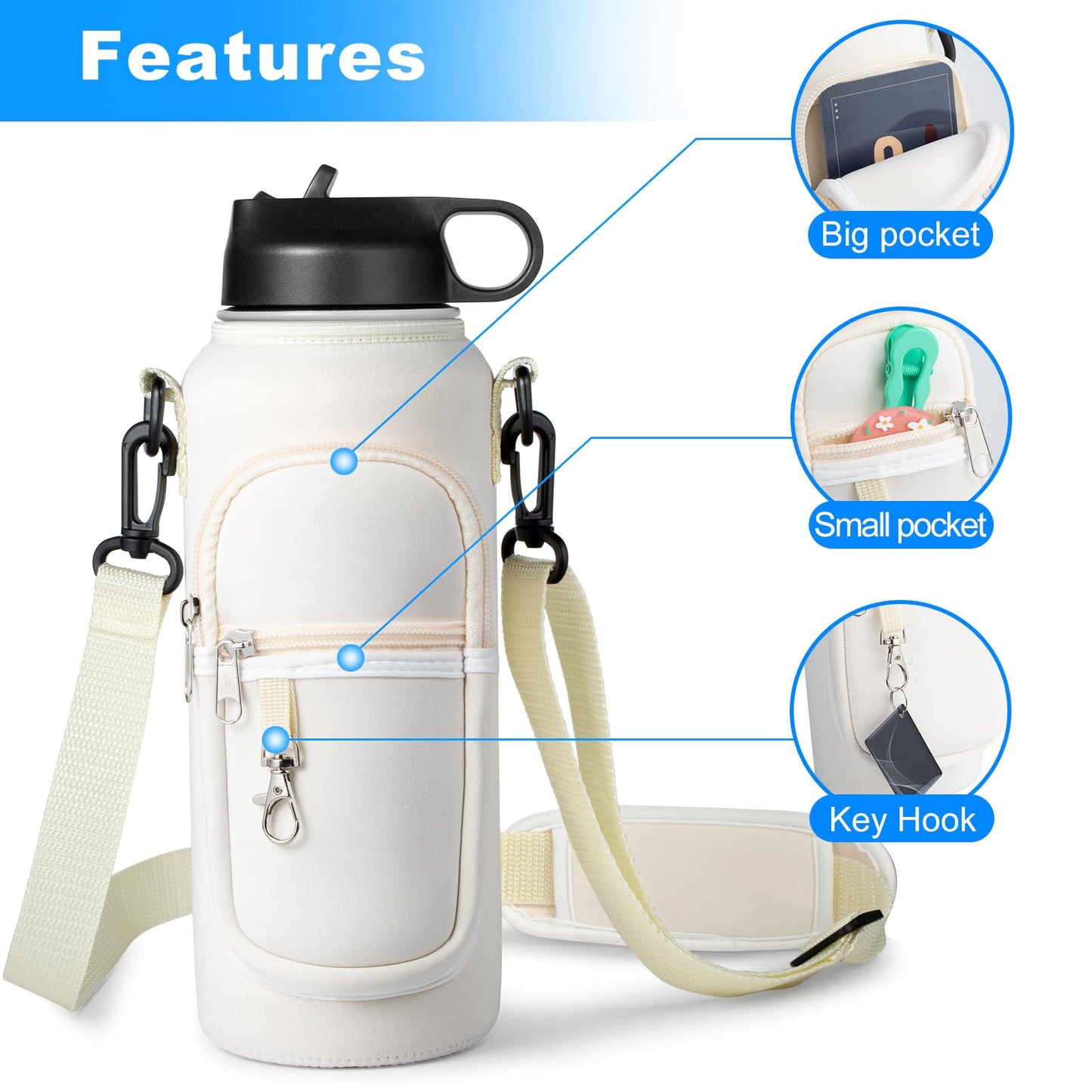 RRegeny Water Bottle Holder with Strap for Hydroflask 32oz 40oz Insulated Water Bottle, Carrier Sling Bag with Phone Pocket Water Bottle Sleeve for Men Women Hiking Camping Travelling