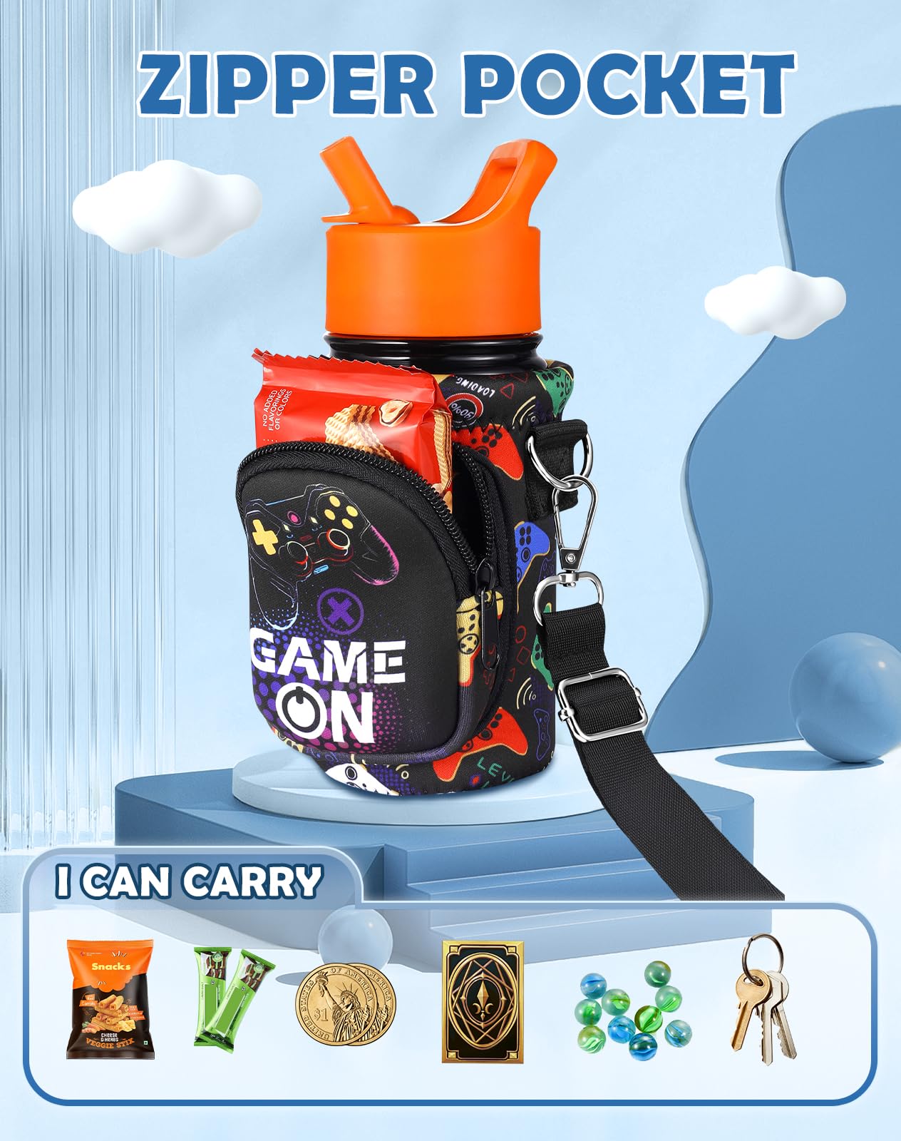 Miss Adola Water Bottle Carrier with Strap Cartoon Water Bottle Bags Holder for Kids Boys Girls Neoprene Insulated Bottle Bag for 10/12/14/16/18Oz Stainless Steel Glass Bottles Sleeve, Black Game On