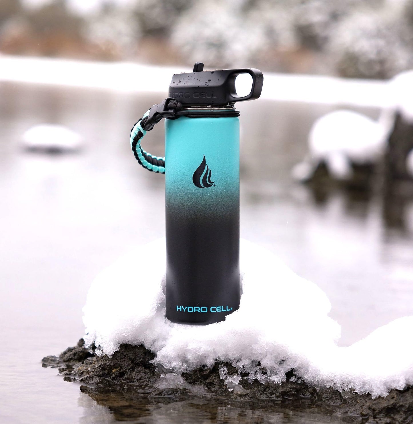 HYDRO CELL Paracord Handle for Wide Mouth Water Bottles - Carrier Strap w/Attachment Ring and Carabiner Accessory. Compatible w/ 64oz, 40oz 32oz, 24oz, 18oz, 14oz Insulated Bottles (Teal/Black)
