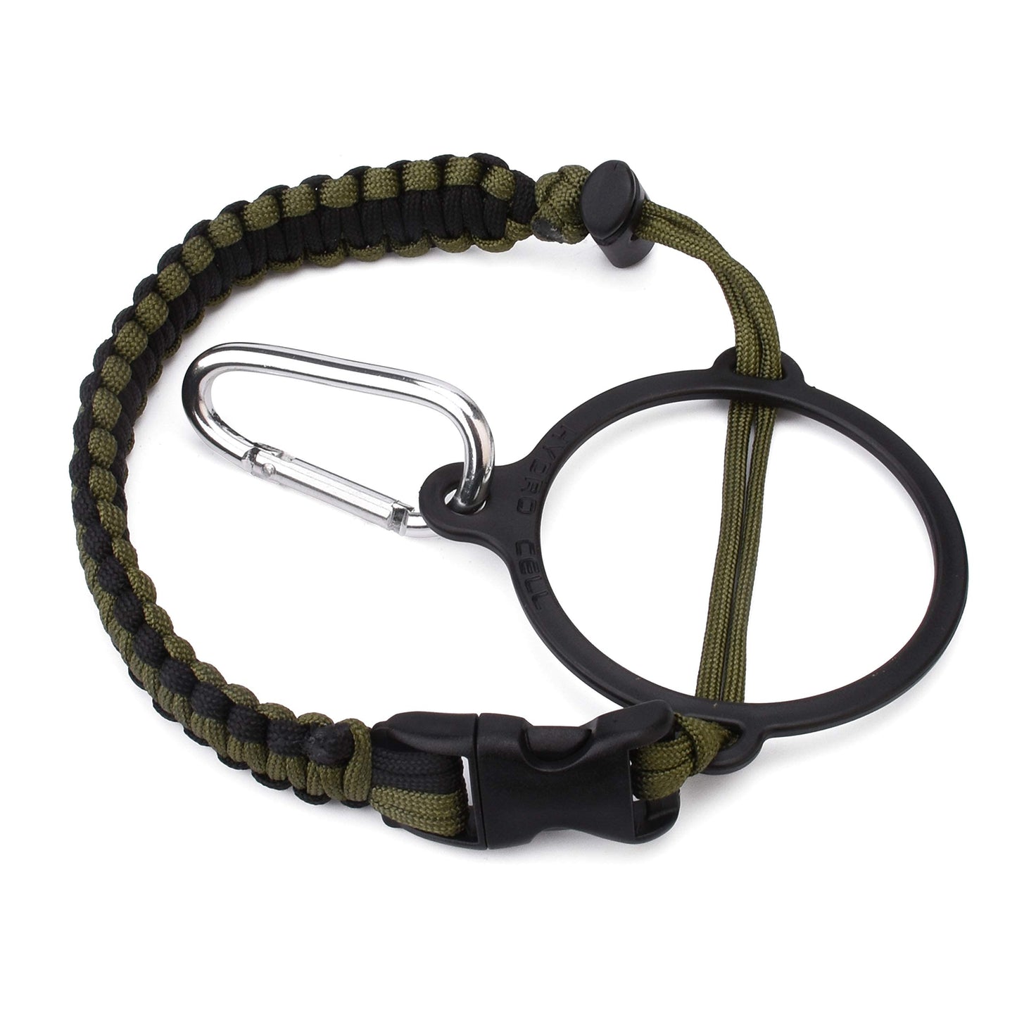 HYDRO CELL Paracord Handle for Wide Mouth Water Bottles - Carrier Strap w/Attachment Ring and Carabiner Accessory. Compatible w/ 64oz, 40oz 32oz, 24oz, 18oz, 14oz Insulated Bottles (Army/Black)