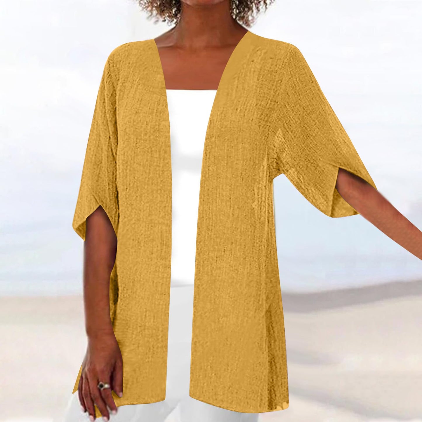 Aboser Womens Cardigan Lightweight Cardigans for Women Summer Linen Cardigan Casual Open Front Beach Cover Ups Half Sleeve Kimono Cardigan Deals Sales Today Yellow