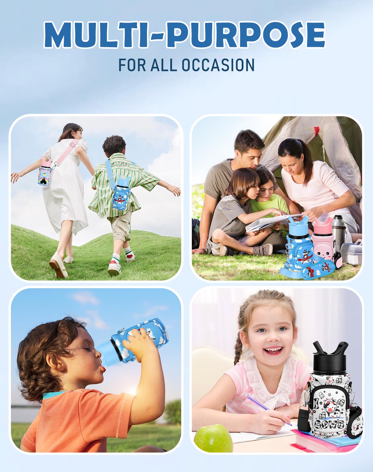 Water Bottle Carrier with Strap Cartoon Water Bottle Bags Holder for Kids Boys Girls Neoprene Insulated Bottle Bag for 10/12/14/16/18Oz Stainless Steel Glass Bottles Sleeve, Airplane Raccoon