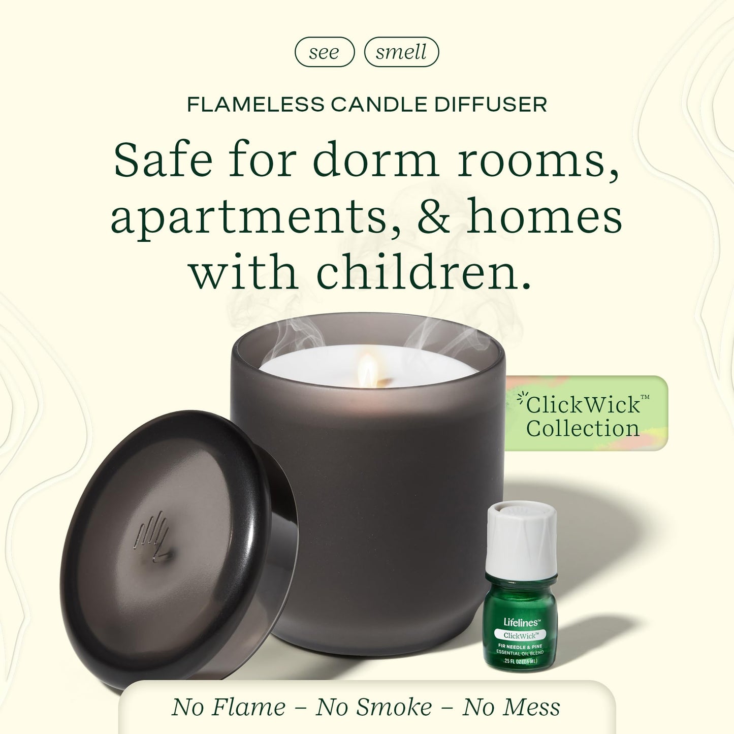 Lifelines Flameless Candle Aromatherapy Essential Oil Diffuser with ClickWick Essential Oil Blend - Cordless & Waterless Diffuser for Home - Scented Electric Candles Blow Out Flame - Frosted Charcoal