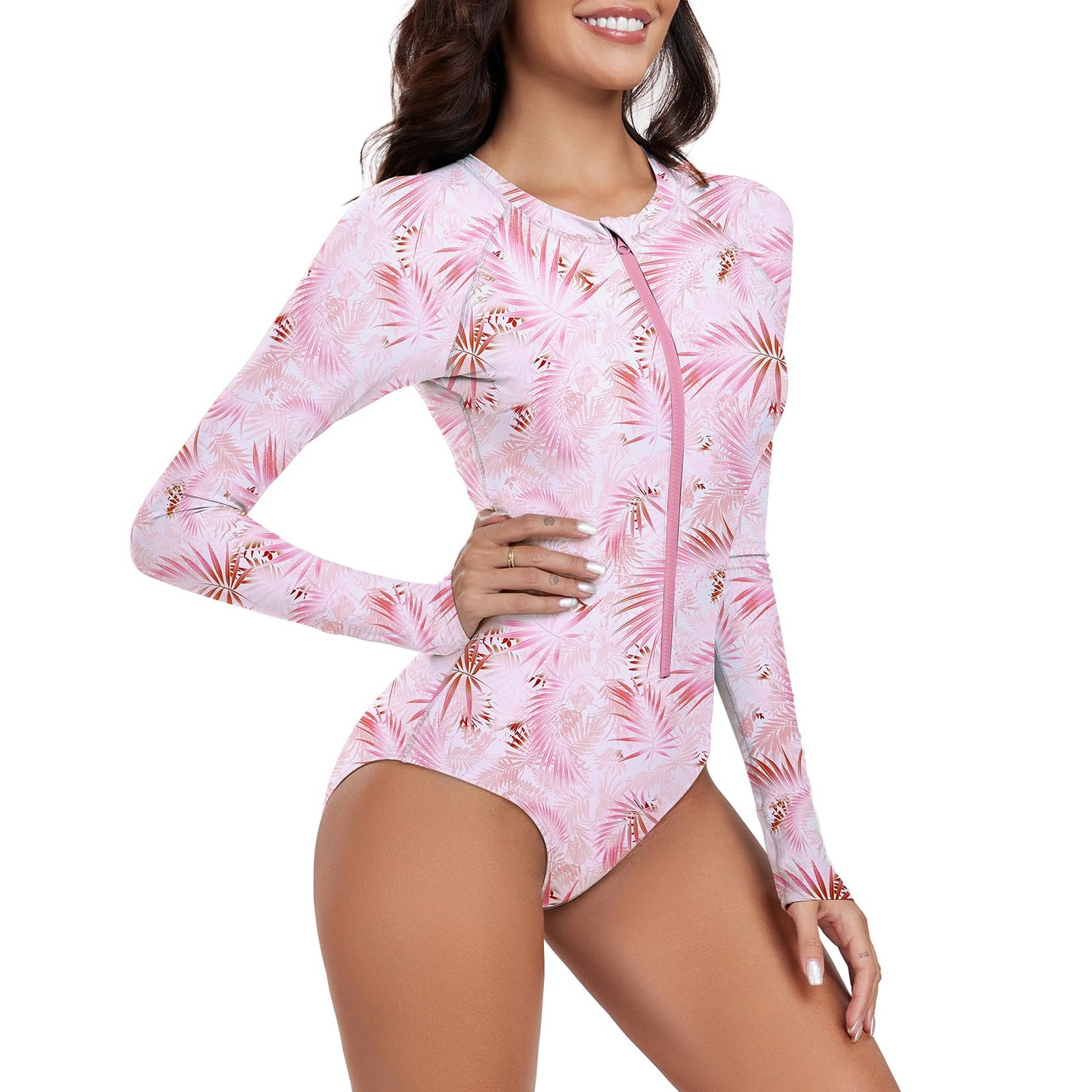Century Star Long Sleeve Swimsuits for Women 2024 Rash Guard UPF 50+ One Piece Surfing Modest Full Coverage Zipper High Neck Cute Athletic Sporty Bathing Suit Swimwear Pink Leaves 4-6
