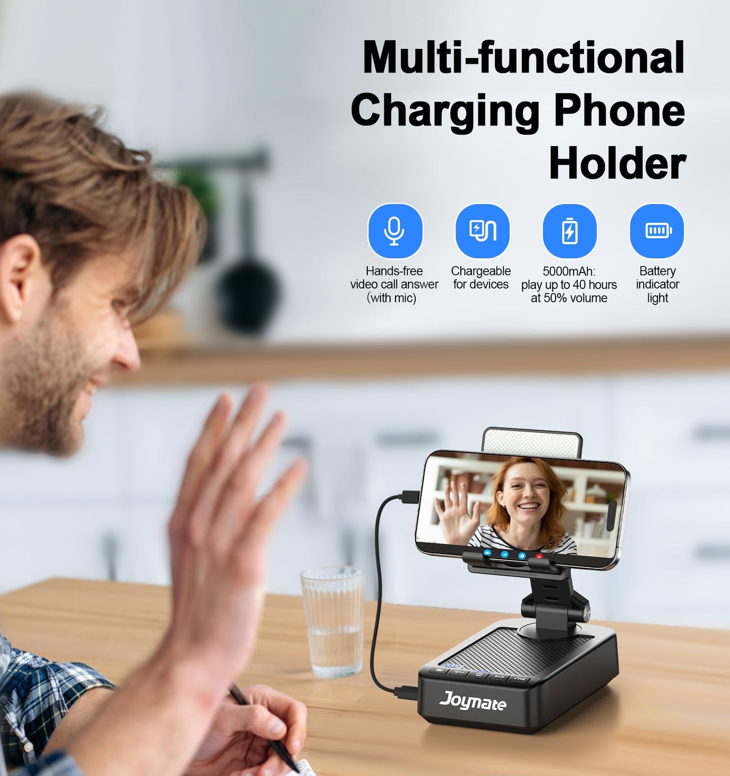 Joymate Gifts for Men Women, Phone Stand with Bluetooth Speaker and Charging Function 360° Rotable Angel Adjustable Cell Phone Holder with HD Stereo Sound Fits All Phones,Tablet (Black)