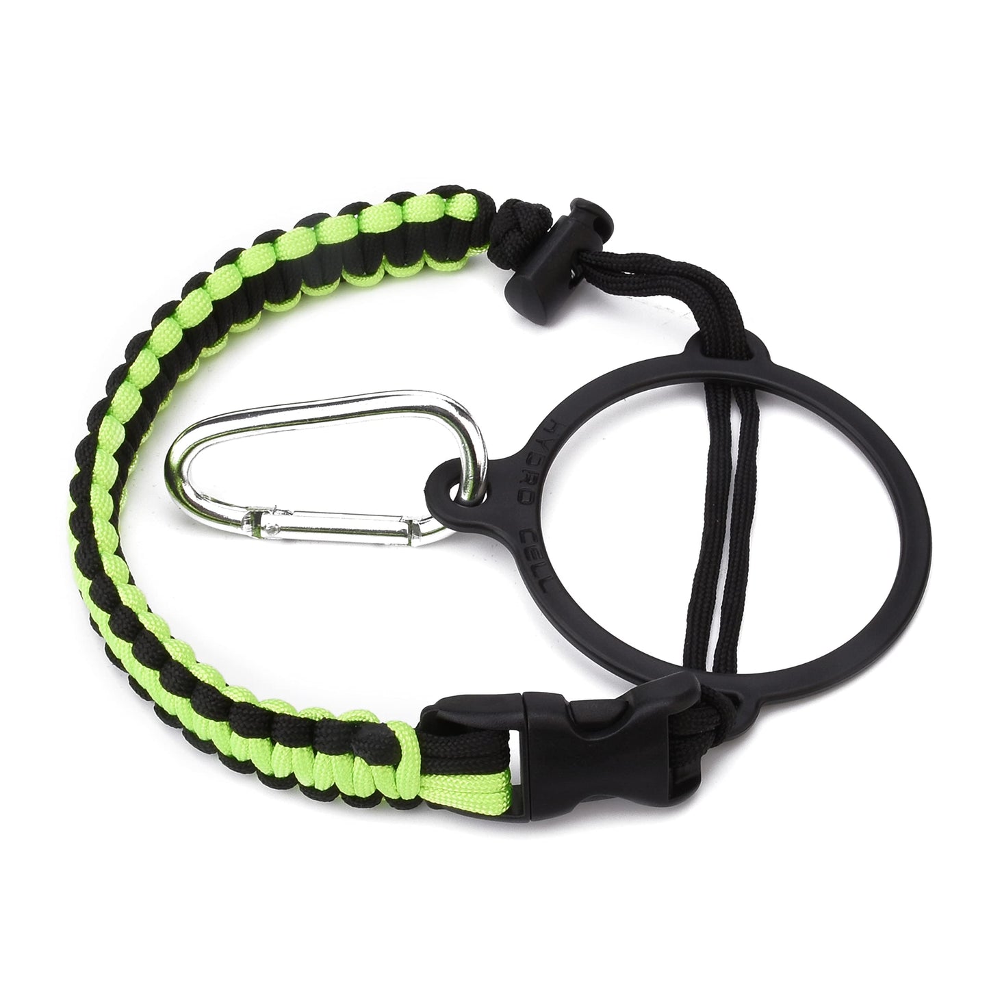 HYDRO CELL Paracord Handle for Wide Mouth Water Bottles - Carrier Strap w/Attachment Ring and Carabiner Accessory. Compatible w/ 64oz, 40oz 32oz, 24oz, 18oz, 14oz Insulated Bottles (Neon/Black)