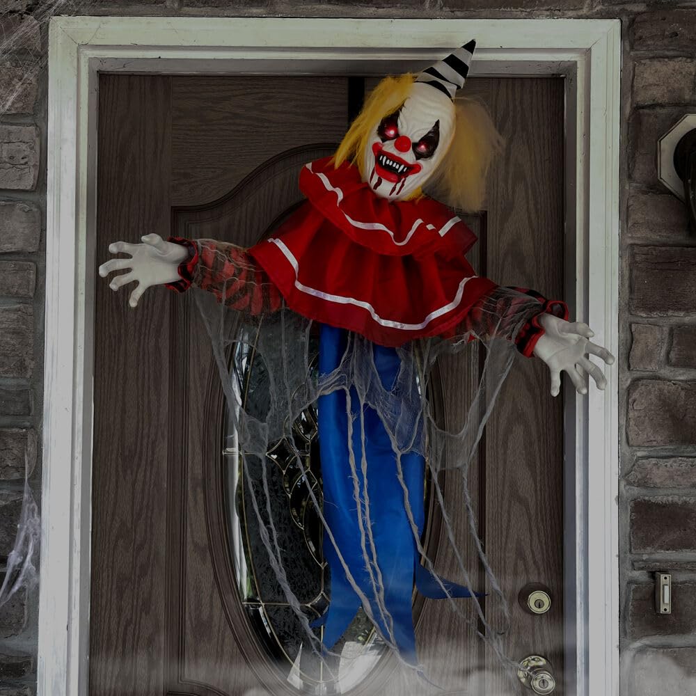 Haunted Hill Farm Animatronic Twisting, Talking Clown Greeter with Folding Door Hook for Scary Hanging Halloween Decoration