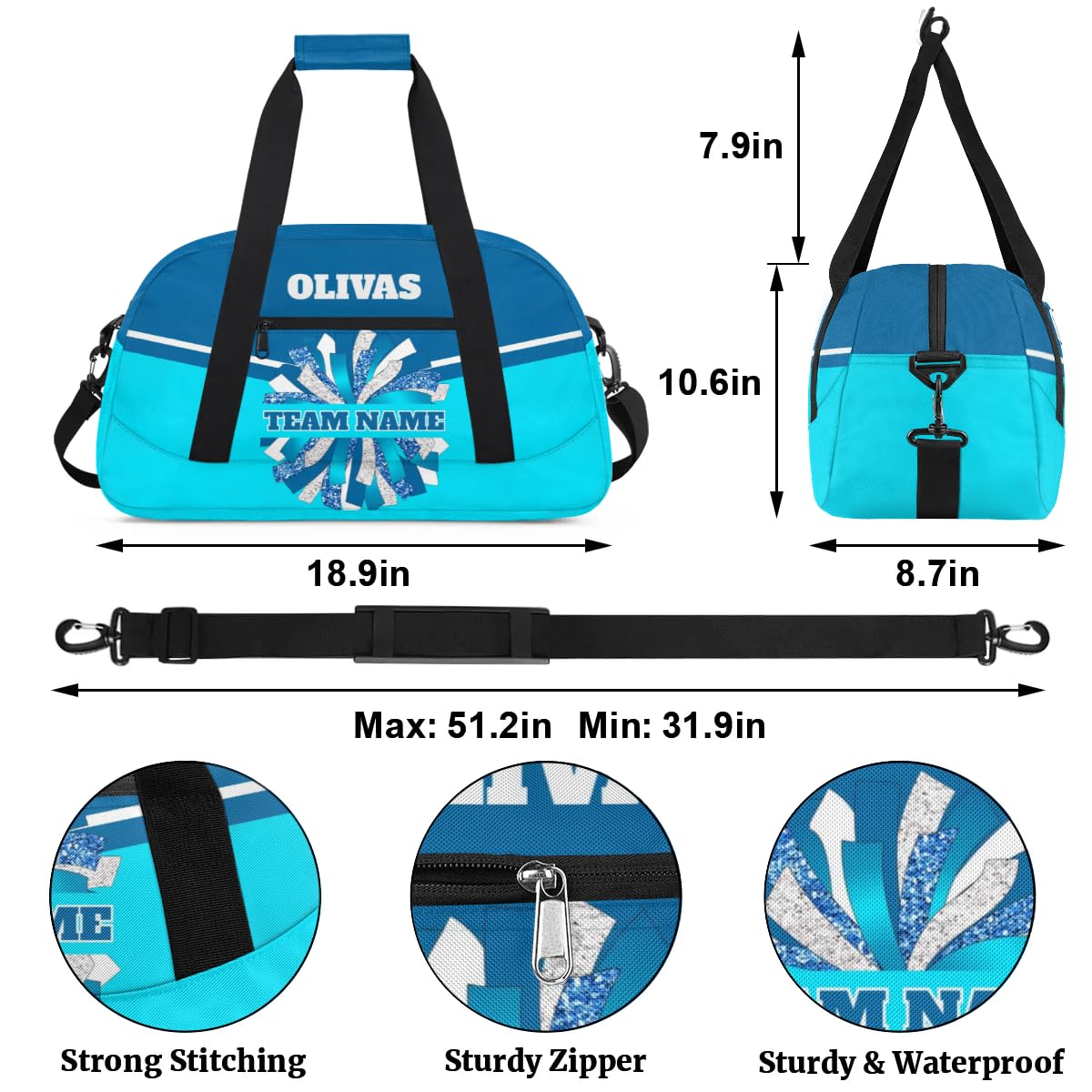 Personalized Cheerleader Bag Dance Bag for Girl, Custom Team Bag Gym Bag Sport Duffel Bag, Weekender Bags Travel Bag for Cheer Team Blue Sliver Cheer