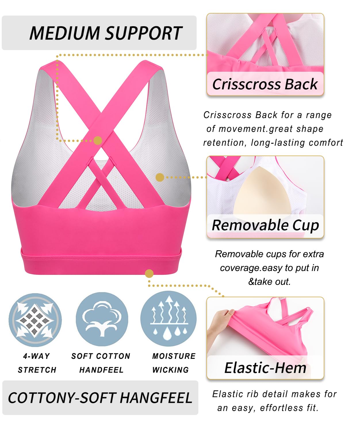 RUNNING GIRL Sports Bra for Women, Criss-Cross Back Padded Strappy Sports Bras Medium Support Yoga Bra with Removable Cups(2353 Brilliant pink_XS)