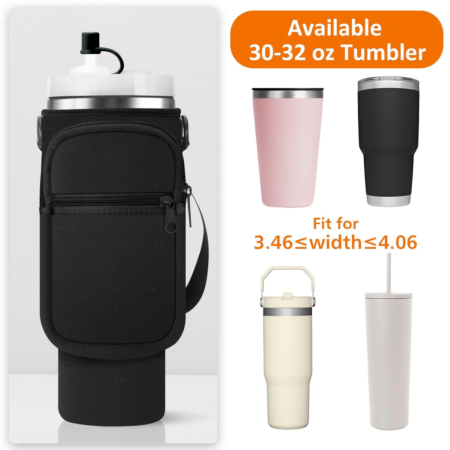 AceTreker 40/30 oz Stanley Cup Carrier Bag with Paracord Handle, Neoprene Stainless Steel Tumbler Sleeve Pouch with 2 Pockets & Adjustable Strap & Straw Cover for Walking Hiking Gym-Black