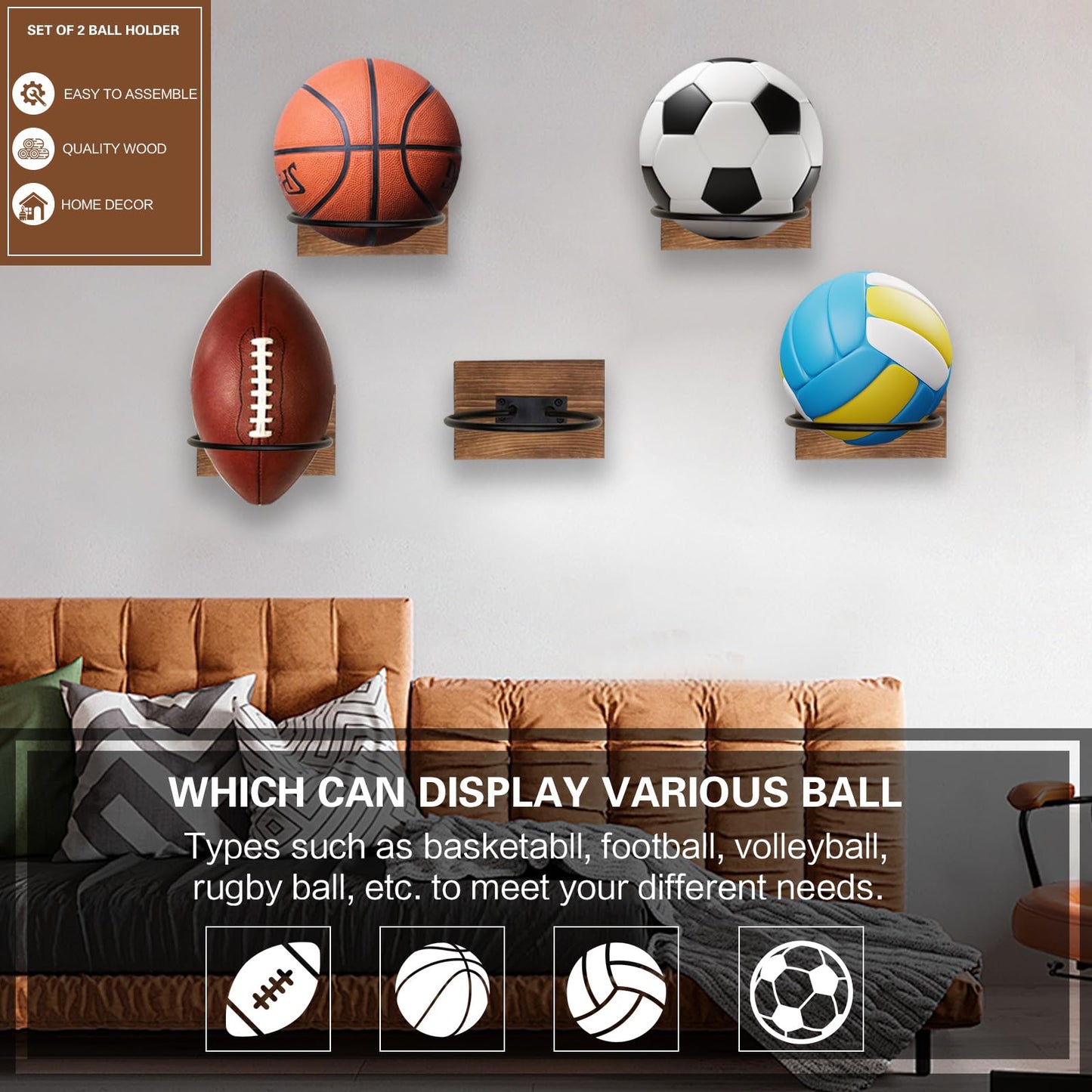 JOINSI 2PCS Wood Basketball Holder Wall Mounted, Ball Organizers Rack Display Wall Storage for Soccer, Volleyball, Rugby, Football