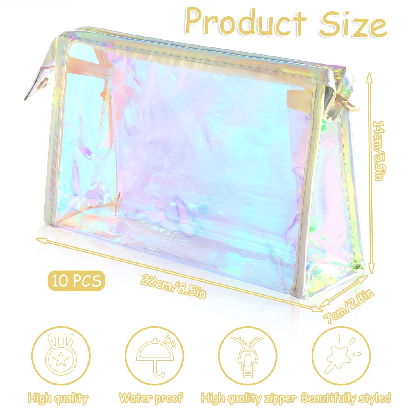 BESARME 10 Pcs Holographic Makeup Bags, Clear PVC Makeup Bag Iridescent Pouch Portable Zippered Toiletry Bag Waterproof Cosmetic Bags Stocking Stuffers for Women Girls Bathroom Vacation