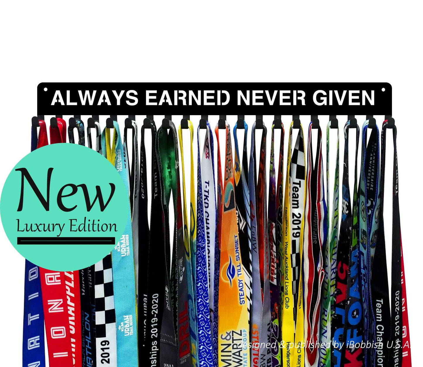iBobbish Premium Medal Holder Hanger Display for wall ALWAYS EARNED NEVER GIVEN with 20 Hooks,race medal display Upgraded Medal Holder display with Simple Design for gymanstics,race,soccer,swim