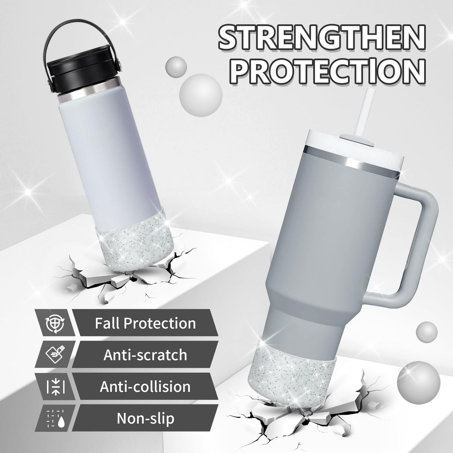 WUQID 2 Pack Bling Silicone Boot Compatible with Stanley Quencher Adventure 40oz & Stanley IceFlow 20oz 30oz, Reduces Dents Protective Silicone Water Bottle Bottom Cover Sleeve