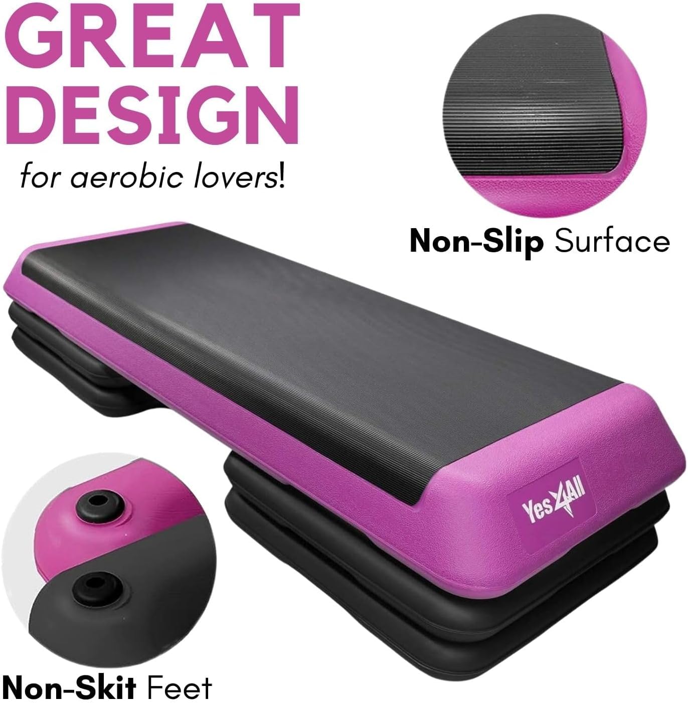 Yes4All Adjustable Workout Aerobic Exercise Step Platform Health Club Size with 4 Adjustable Risers Included and Extra Risers Options - Pink Black
