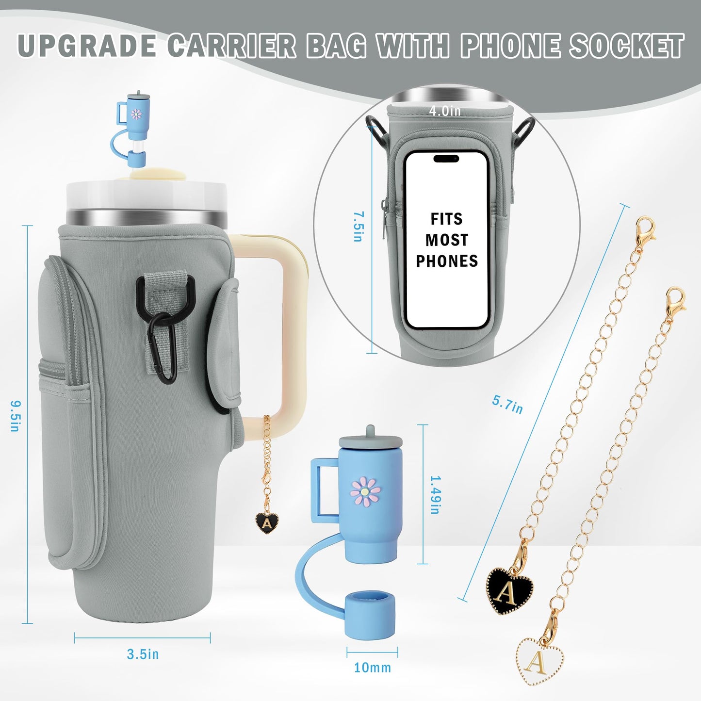 Water Bottle Carrier Bag with Strap for Stanley Cup 40oz Tumbler with Phone Pocket, Keychain Accessories for Stanley Cup Handle, Women Personalized Accessories for Stanley Cup