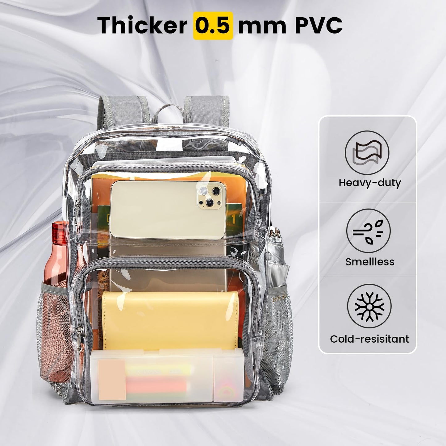 Vorspack Clear Backpack Heavy Duty - Large Clear Bookbag Transparent Backpacks See Through Backpack for College Work Travel Festival - Grey