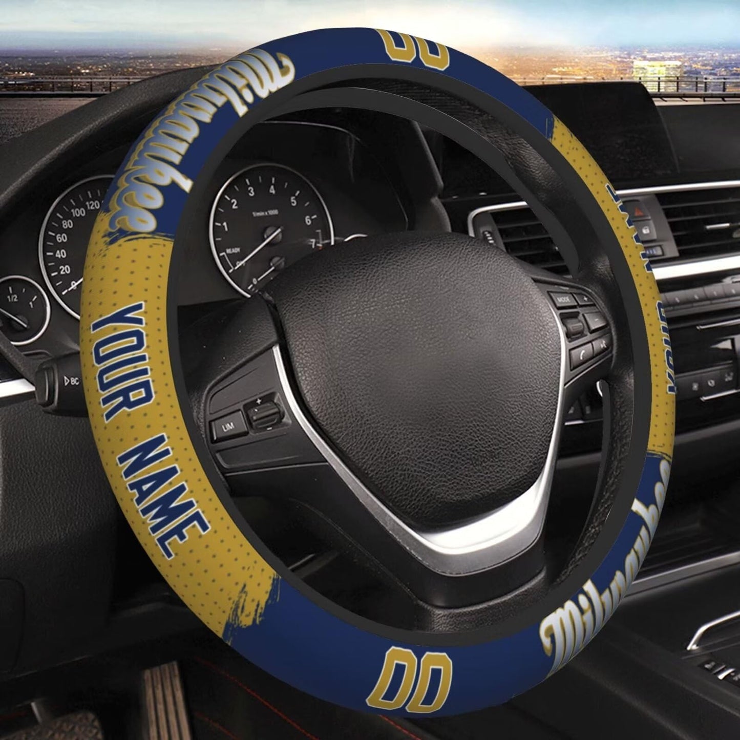 GENERIC Milwaukee Custom Car Steering Wheel Covers,Personalized Name and Number,Anti Slip Elasticity Baseball Car Accessories,Universal 15 Inch Fit Suit for Most Car,SUV,ATV,Truck.