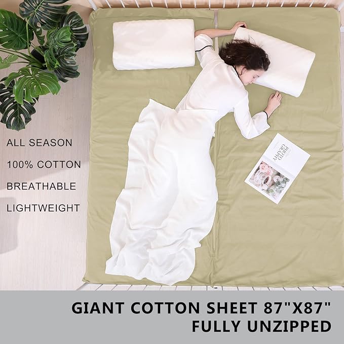 100% Cotton Sleeping Bag Liner with Full Length Zipper on 3 Sides; Single/Double Adult Sleep Sack for Travel & Camping, Multifunctional Travel Sheets (Unzipped 87”x87”) for Hotel, Lightweight