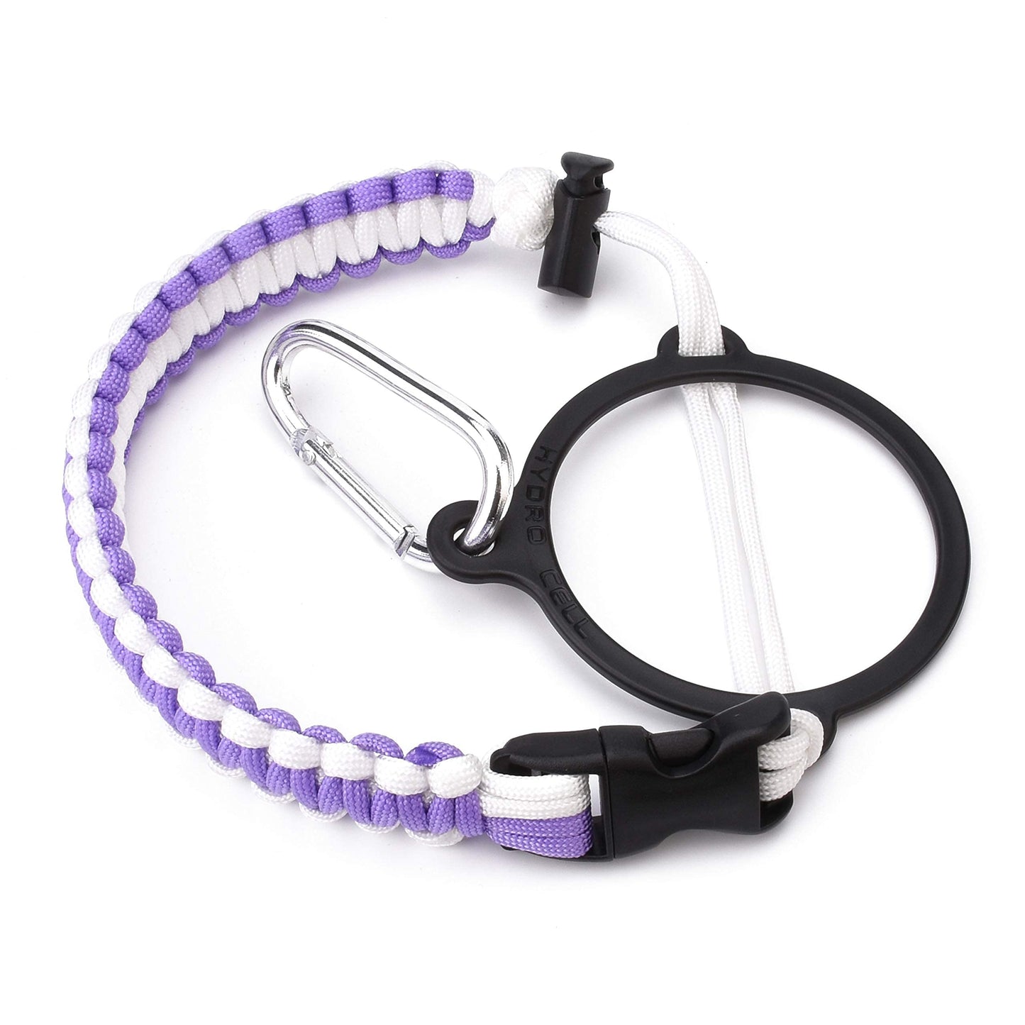 HYDRO CELL Paracord Handle for Wide Mouth Water Bottles - Carrier Strap w/Attachment Ring and Carabiner Accessory. Compatible w/ 64oz, 40oz 32oz, 24oz, 18oz, 14oz Insulated Bottles (Lavender/White)
