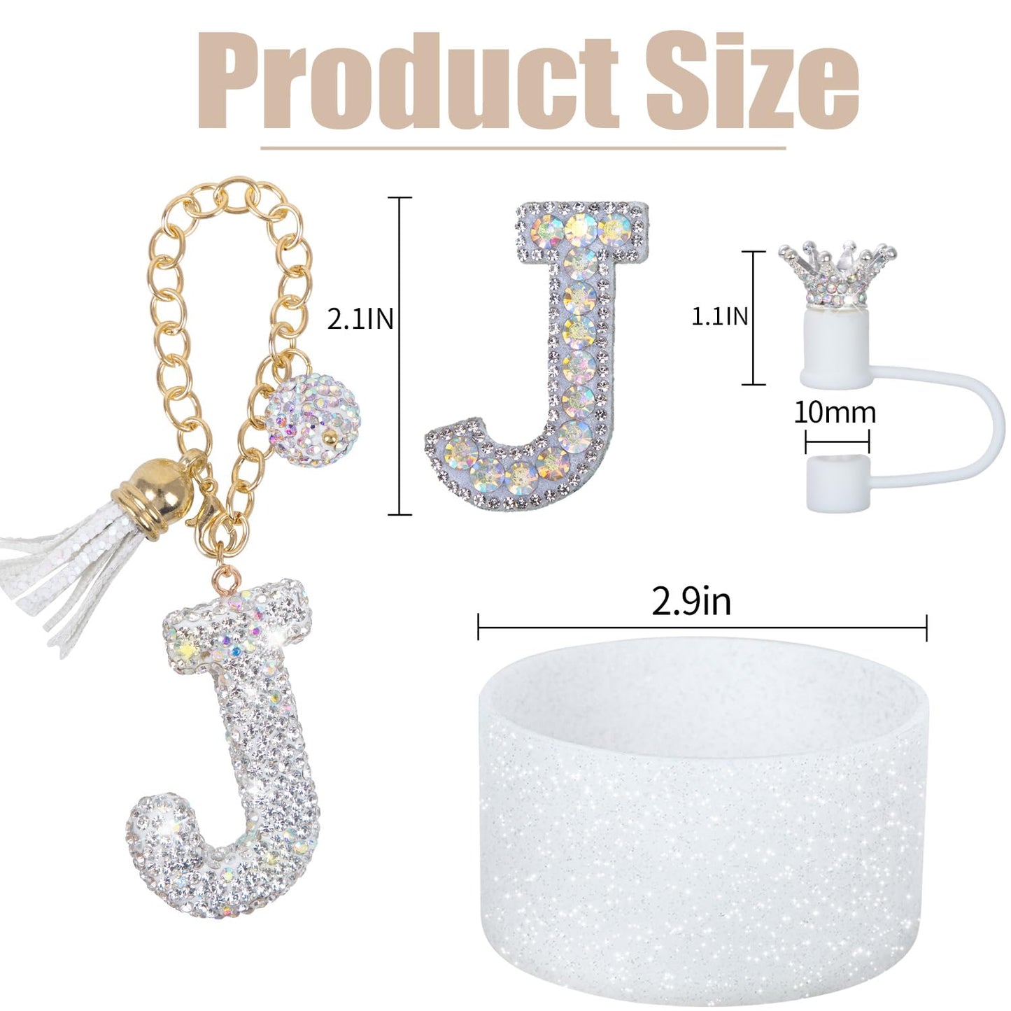 Letter Charms for Stanley Cup Handle,Silicone Boot Accessories Charms for Stanley Cup 40oz 30oz,Crown Straw Cover Topper & Diamond Sticker(J)