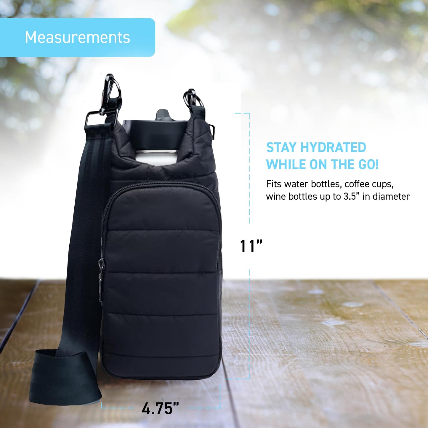 WanderFull Original Crossbody HydroBag | Quilted Water Bottle Carrier | Puffer Tote Tumbler Holder with Pockets for Purse, Phone & Accessories | Carry Travel Essentials (Matte Black/Black Strap)