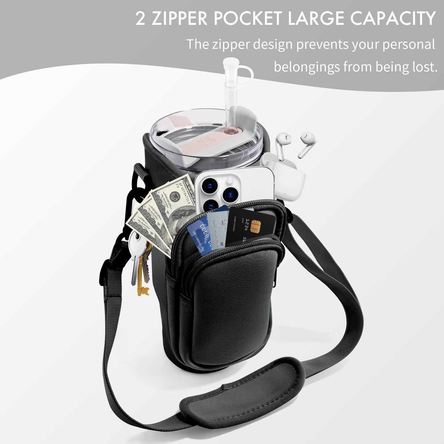 JEBEALUO Water Bottle Carrier Bag with Phone Pocket for Stanley Cup 40/30 oz, Water Bottle Holder with Adjustable Strap& Straw Cover, Stanley Cup Accessories (Black)