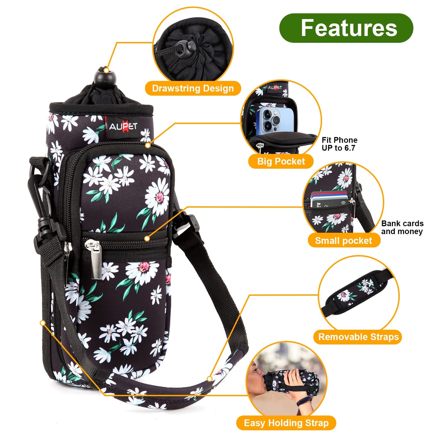AUPET Water Bottle Sling Bag Sleeve Holder Carrier 25/32/40/64 oz,Insulated Crossbody Water Bottle Case Cover with Strap and Pockets for Men/Women Walking Hiking Camping (25oz, white flowers)