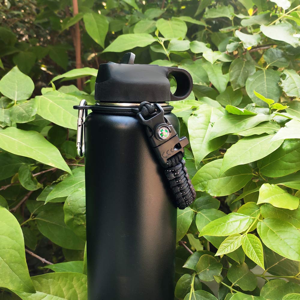 WEREWOLVES Paracord Handle - Fits Wide Mouth Bottles 12oz to 64oz - Durable Carrier, Paracord Carrier Strap Cord with Safety Ring,Compass and Carabiner - Ideal Water Bottle Handle Strap (3 Black)