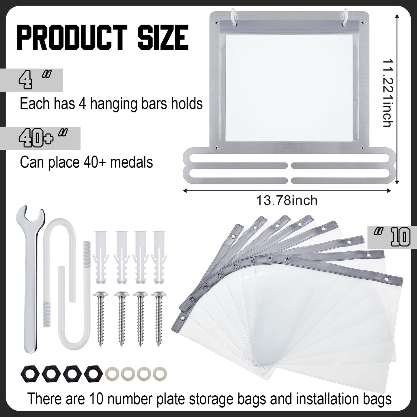 Moxweyeni Race Medal and Bib Display Medal Hanger Running Bib and Medal Holder Wall Mounted Hanging Medal Rack Holders with Bib Holder Gifts for Runners, 13.78 x 11.22 Inch (Silver)