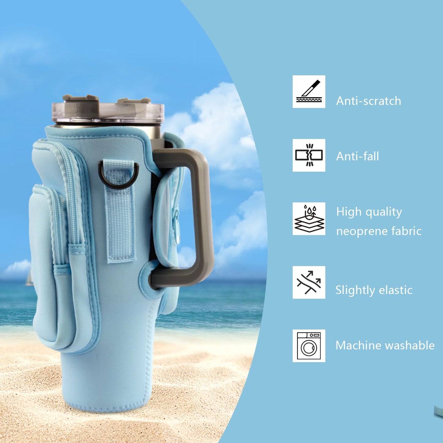 WNGERGOU Water Bottle Carrier Bag with Phone Pocket for Stanley, Water Bottle Holder with Strap for Stanley Accessories 40 oz, Stanley Cup Accessories Total 3 Pockets, Stanley Cup Bag (Blue)