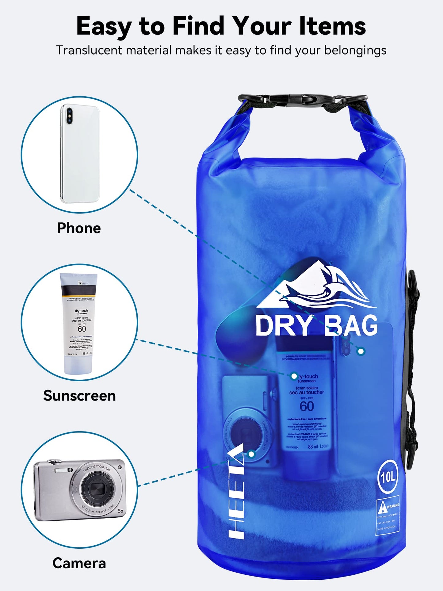 HEETA Waterproof Dry Bag for Women Men, 5L/10L/20L/30L/40L Roll Top Lightweight Dry Storage Bag Backpack with Phone Case for Travel, Swimming, Boating, Kayaking, Camping and Beach (Navy Blue, 5L)