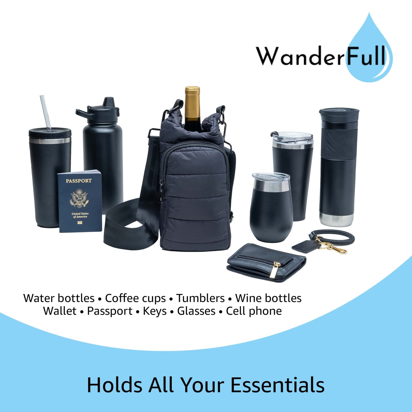WanderFull Original Crossbody HydroBag | Quilted Water Bottle Carrier | Puffer Tote Tumbler Holder w/Pockets for Phone & Accessories | Carry Travel Essentials (Matte Black/Red&Green Striped Strap)