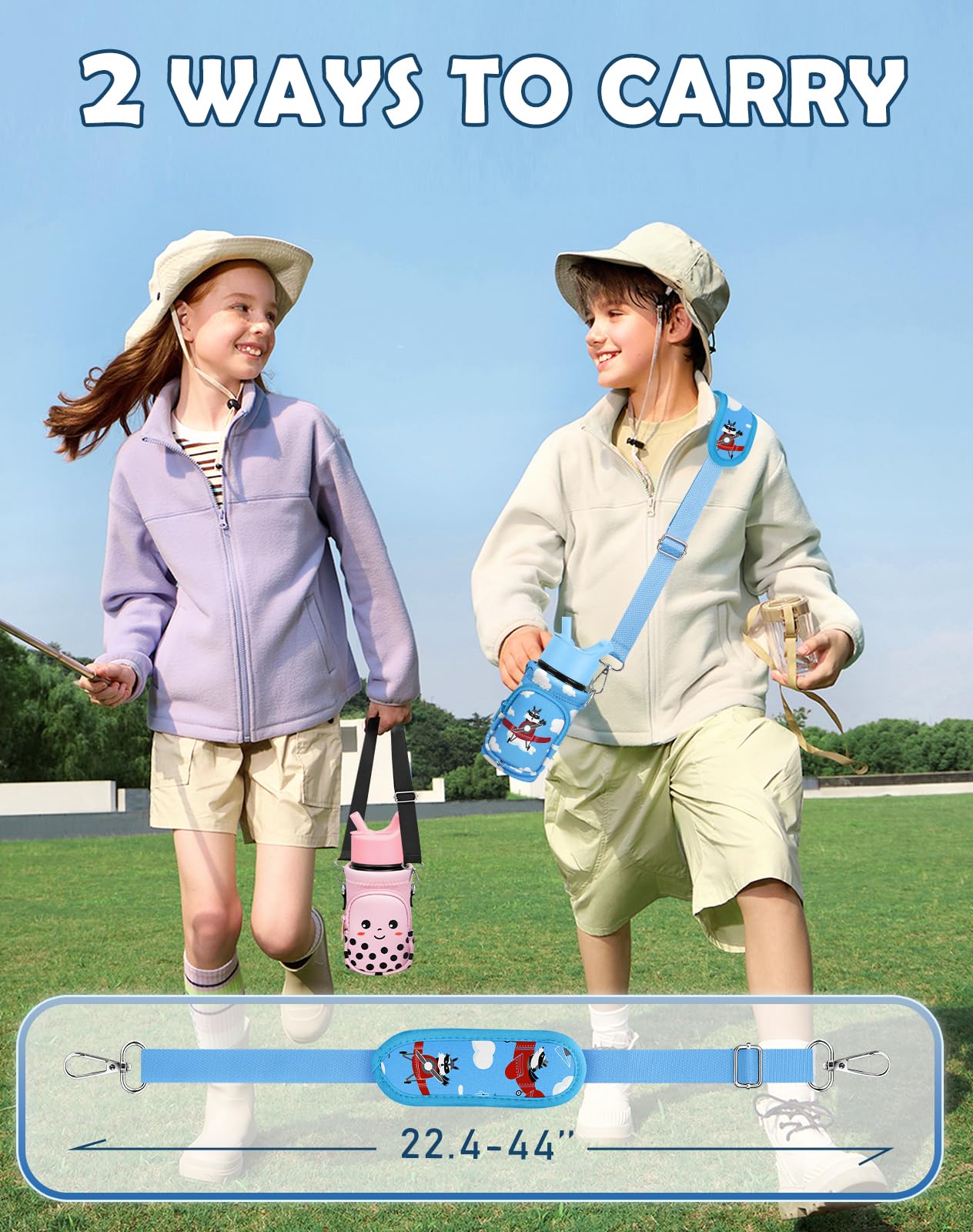 Water Bottle Carrier with Strap Cartoon Water Bottle Bags Holder for Kids Boys Girls Neoprene Insulated Bottle Bag for 10/12/14/16/18Oz Stainless Steel Glass Bottles Sleeve, Airplane Raccoon