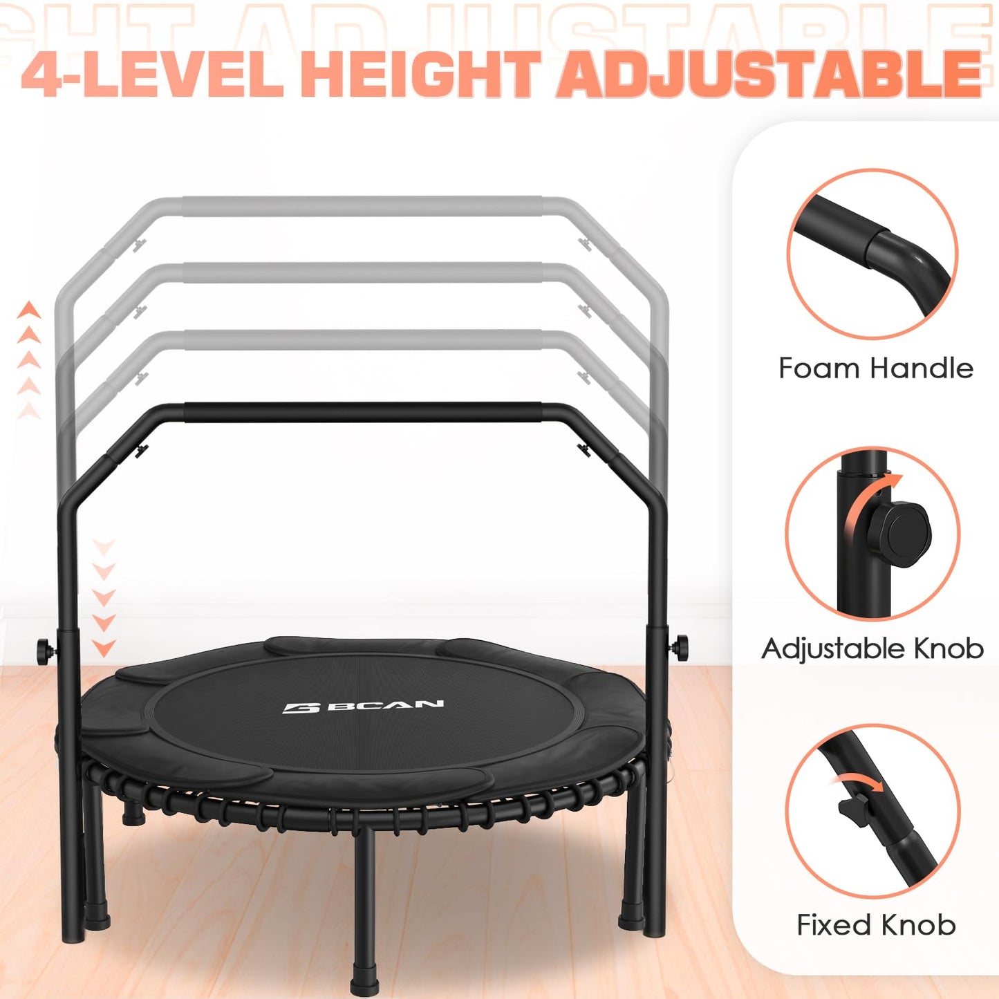 BCAN 450 LBS Foldable Mini Trampoline, 40" Fitness Trampoline with Adjustable Handle Bar, Bungees, Stable & Quiet Exercise Rebounder for Kids Adults Indoor/Garden Workout-Black
