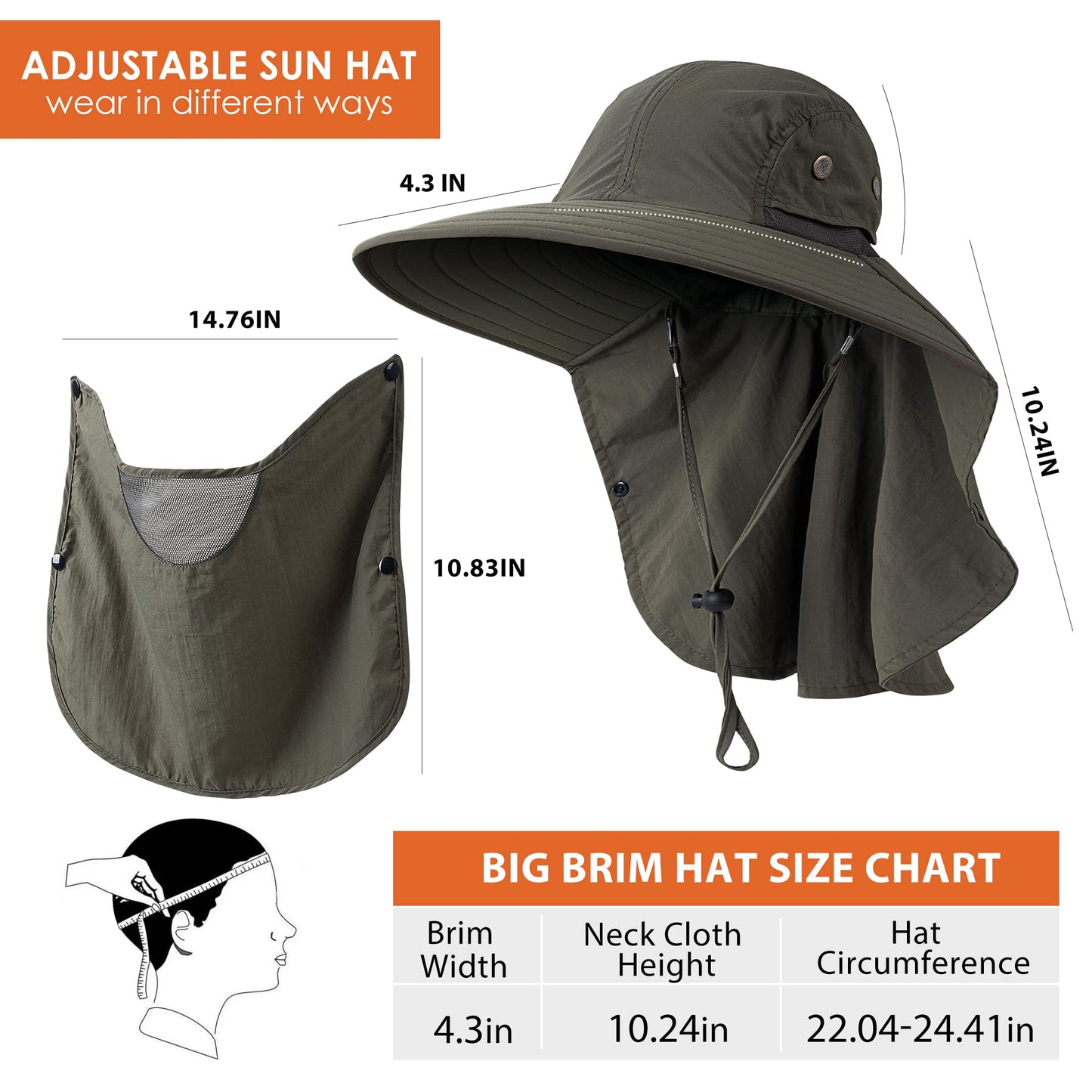 HEEHIPOO Mens Women Fishing Hat UPF 50+ Wide Brim Sun Hat with Face Cover & Neck Flap Green